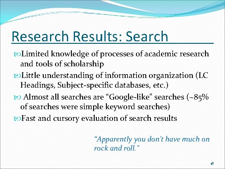 Research Results: Search Limited knowledge of processes of academic research and tools of scholarship