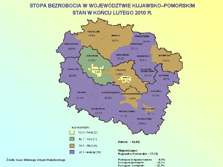 STOPA BEZROBOCIA W WOJEWÓDZTWIE KUJAWSKO–POMORSKIM STAN W KOŃCU LUTEGO 2010 R. Źródło: Dane Głównego