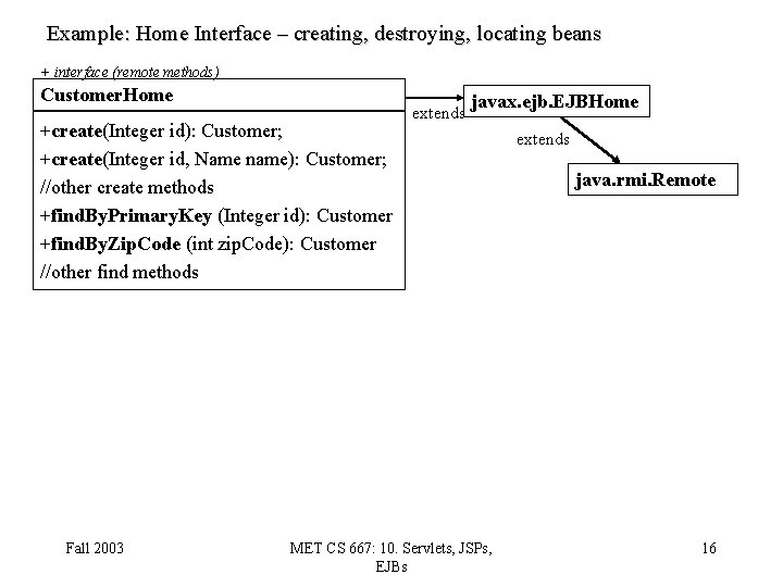 Example: Home Interface – creating, destroying, locating beans + interface (remote methods) Customer. Home