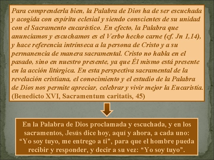 Para comprenderla bien, la Palabra de Dios ha de ser escuchada y acogida con