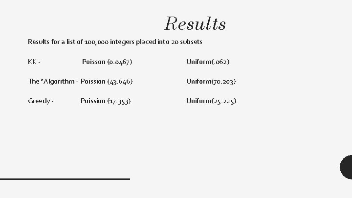 Results for a list of 100, 000 integers placed into 20 subsets KK -