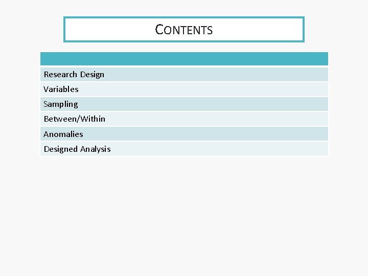 CONTENTS Research Design Variables Sampling Between/Within Anomalies Designed Analysis 