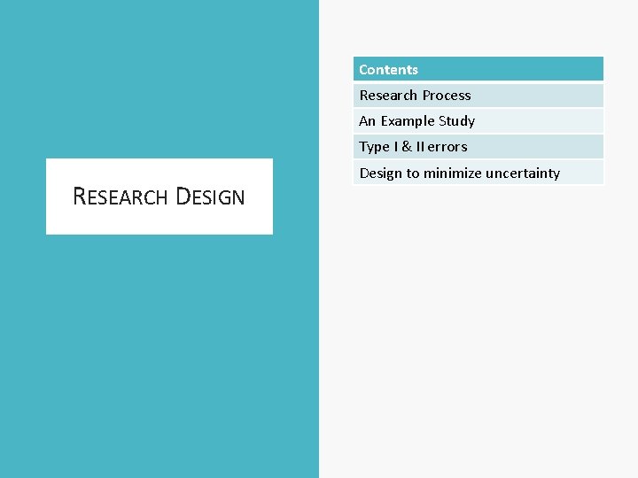 Contents Research Process An Example Study Type I & II errors RESEARCH DESIGN Design