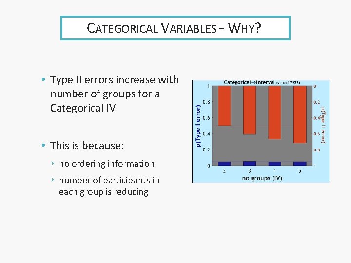 CATEGORICAL VARIABLES – WHY? • Type II errors increase with number of groups for