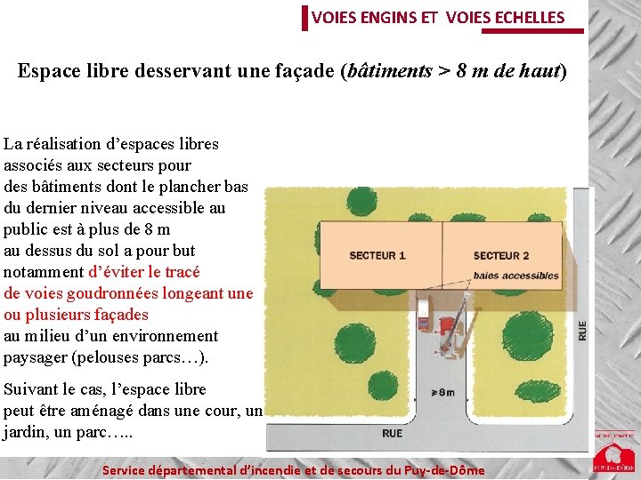 VOIES ENGINS ET VOIES ECHELLES Espace libre desservant une façade (bâtiments > 8 m VOIES ENGINS ET VOIES ECHELLES Espace libre desservant une façade (bâtiments > 8 m