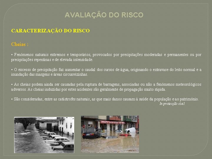 AVALIAÇÃO DO RISCO CARACTERIZAÇÃO DO RISCO Cheias : • Fenómenos naturais extremos e temporários,