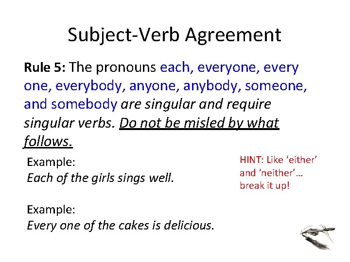 Subject-Verb Agreement Rule 5: The pronouns each, everyone, everybody, anyone, anybody, someone, and somebody