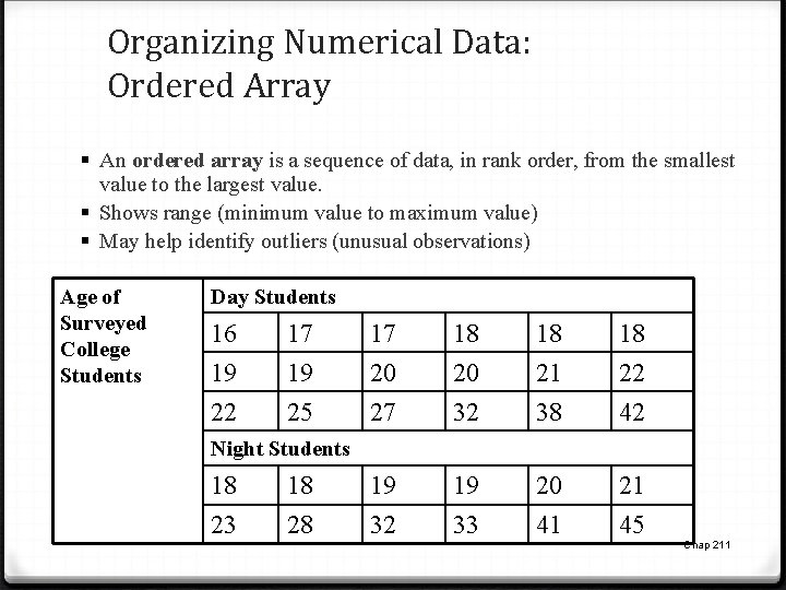 Organizing Numerical Data: Ordered Array § An ordered array is a sequence of data, Organizing Numerical Data: Ordered Array § An ordered array is a sequence of data,