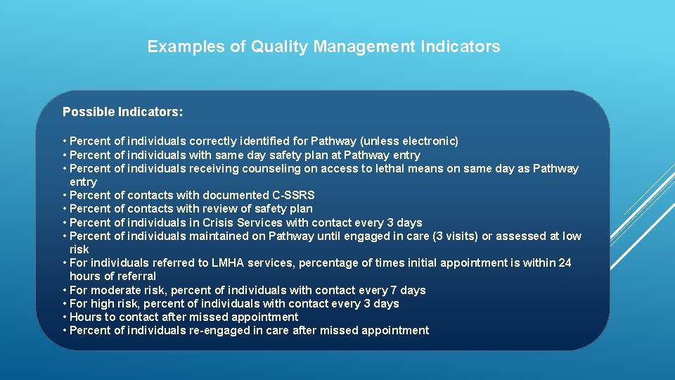 Examples of Quality Management Indicators Possible Indicators: • Percent of individuals correctly identified for