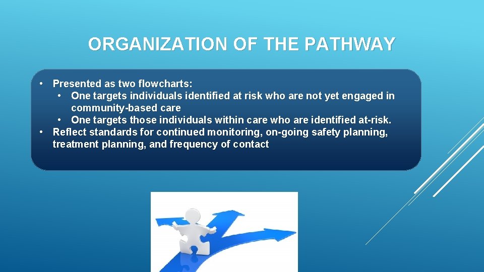 ORGANIZATION OF THE PATHWAY • Presented as two flowcharts: • One targets individuals identified