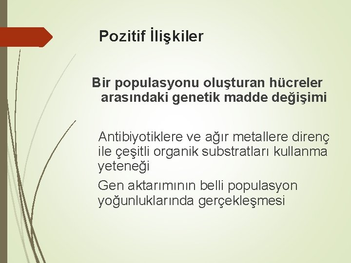 Pozitif İlişkiler Bir populasyonu oluşturan hücreler arasındaki genetik madde değişimi Antibiyotiklere ve ağır metallere