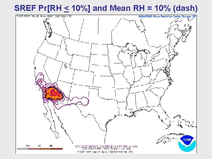SREF Pr[RH < 10%] and Mean RH = 10% (dash) 