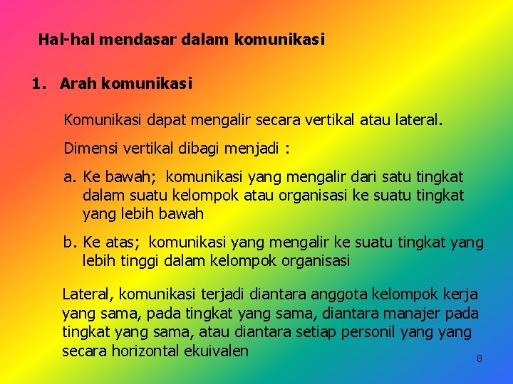 Hal-hal mendasar dalam komunikasi 1. Arah komunikasi Komunikasi dapat mengalir secara vertikal atau lateral.