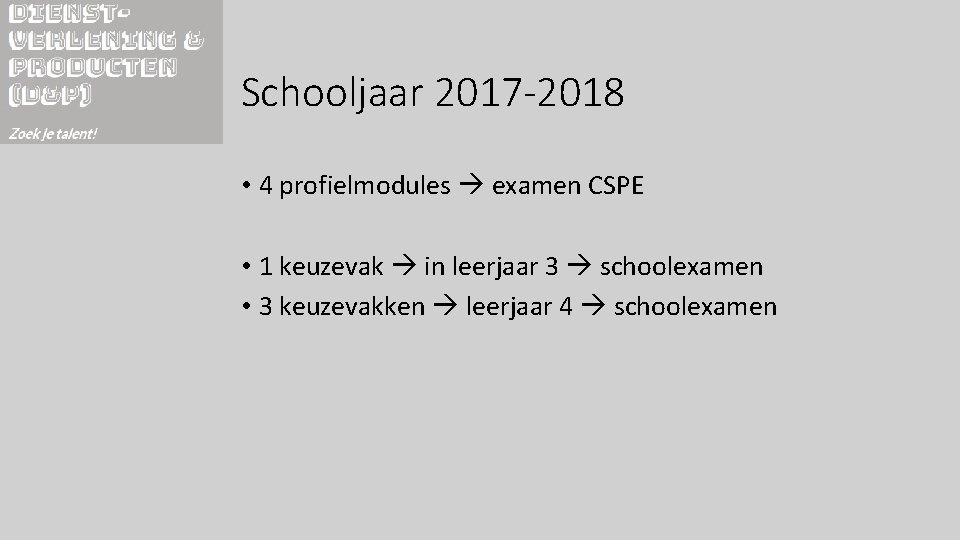 Schooljaar 2017 -2018 • 4 profielmodules examen CSPE • 1 keuzevak in leerjaar 3