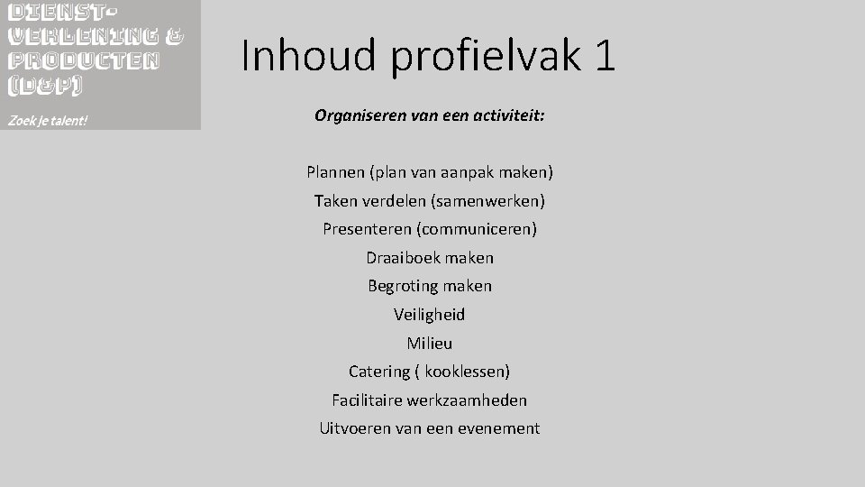 Inhoud profielvak 1 Organiseren van een activiteit: Plannen (plan van aanpak maken) Taken verdelen