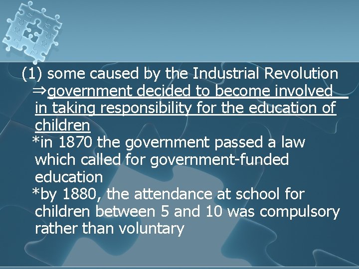 (1) some caused by the Industrial Revolution ⇒government decided to become involved in taking