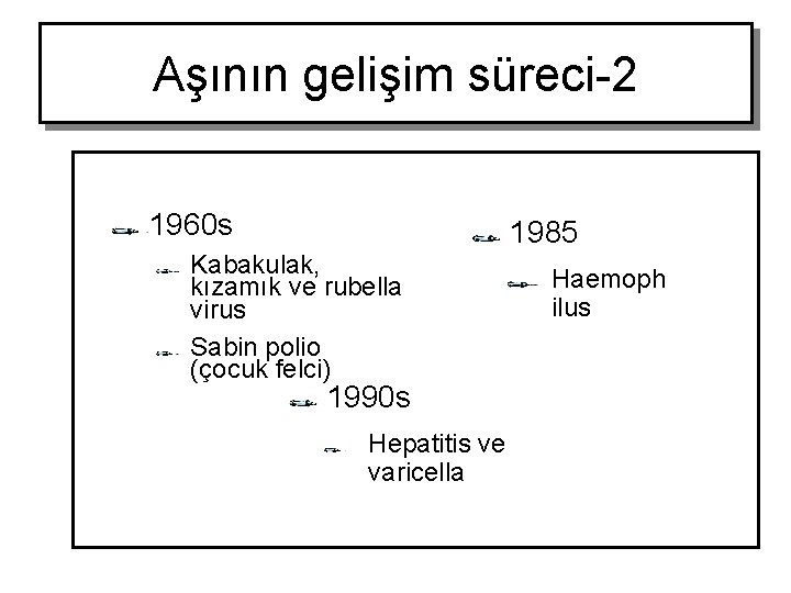 Aşının gelişim süreci-2 1960 s 1985 Kabakulak, kızamık ve rubella virus Sabin polio (çocuk