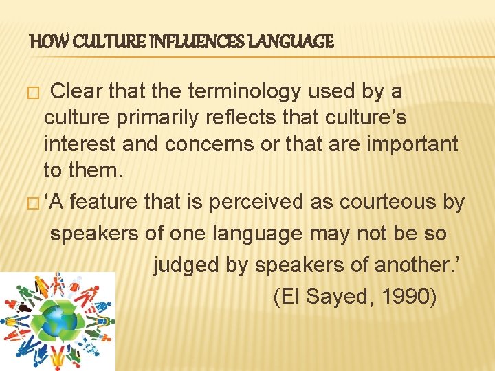 HOW CULTURE INFLUENCES LANGUAGE Clear that the terminology used by a culture primarily reflects