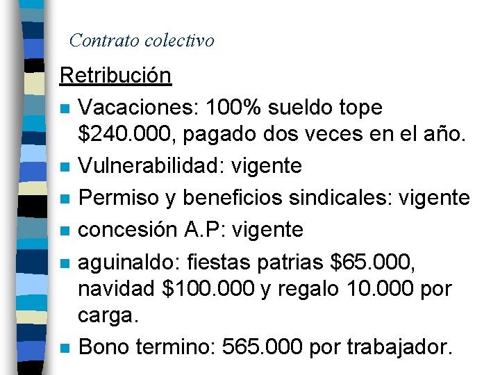 Contrato colectivo Retribución n Vacaciones: 100% sueldo tope $240. 000, pagado dos veces en