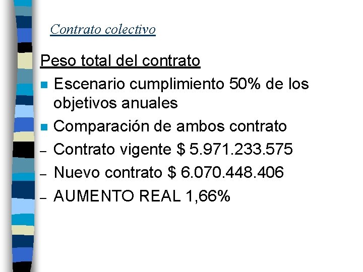 Contrato colectivo Peso total del contrato n Escenario cumplimiento 50% de los objetivos anuales