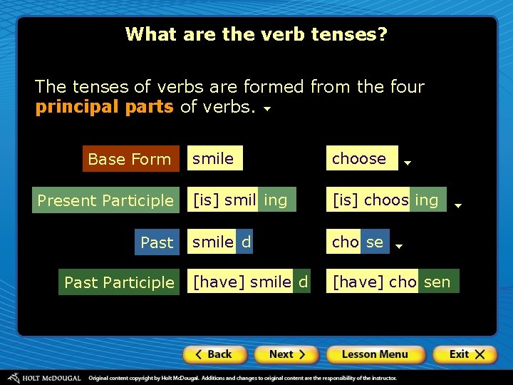 What are the verb tenses? The tenses of verbs are formed from the four