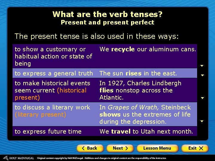 What are the verb tenses? Present and present perfect The present tense is also