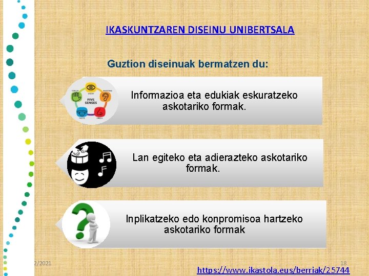 IKASKUNTZAREN DISEINU UNIBERTSALA Guztion diseinuak bermatzen du: Informazioa eta edukiak eskuratzeko askotariko formak. Lan