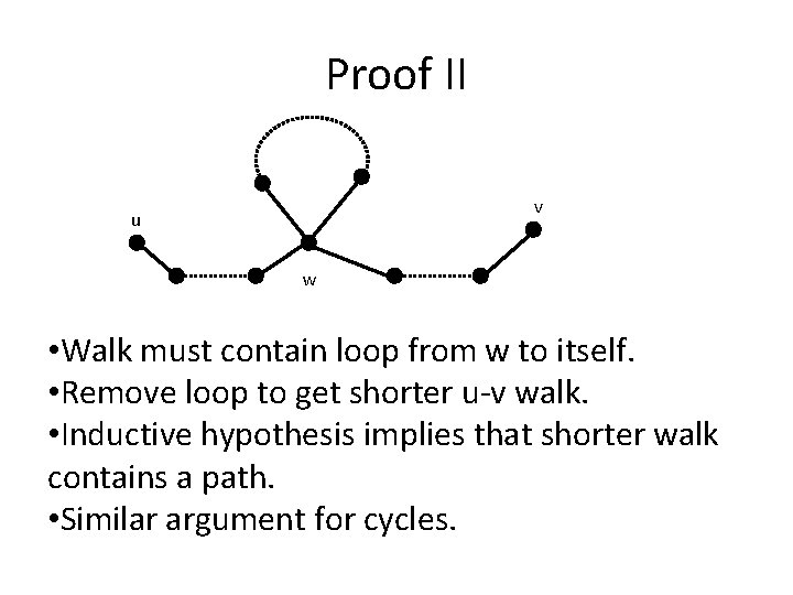 Proof II v u w • Walk must contain loop from w to itself. Proof II v u w • Walk must contain loop from w to itself.