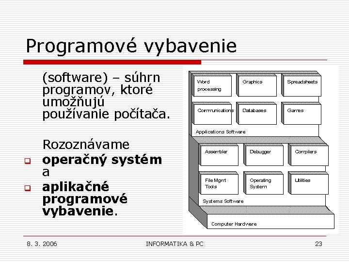Programové vybavenie q q (software) – súhrn programov, ktoré umožňujú používanie počítača. Rozoznávame operačný
