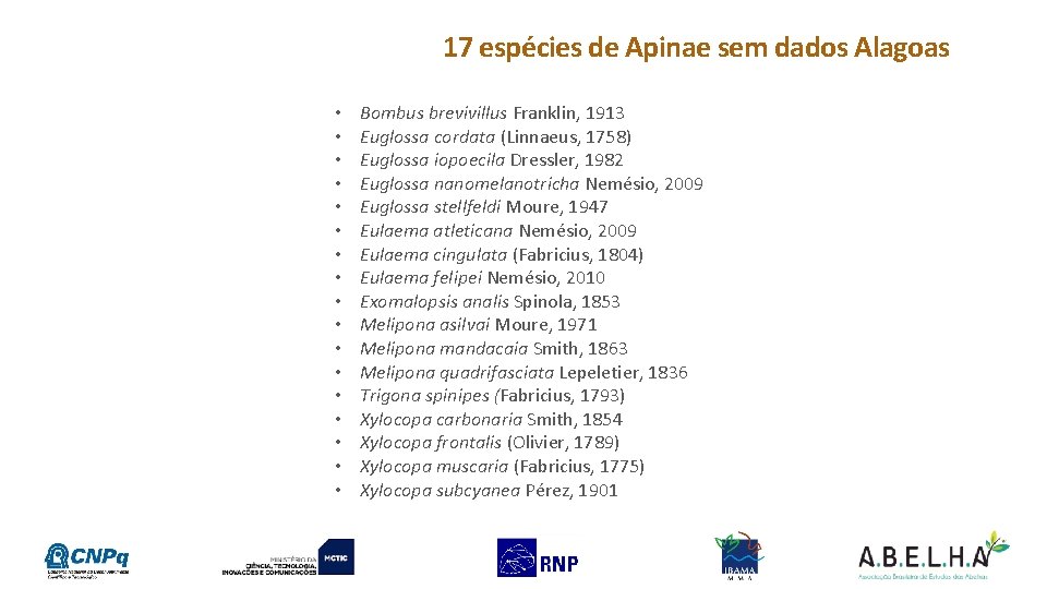 17 espécies de Apinae sem dados Alagoas • • • • • Bombus brevivillus