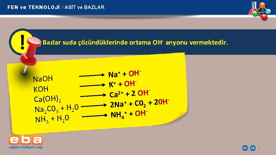 FEN ve TEKNOLOJİ / ASİT ve BAZLAR ! Bazlar suda çözündüklerinde ortama OH- anyonu