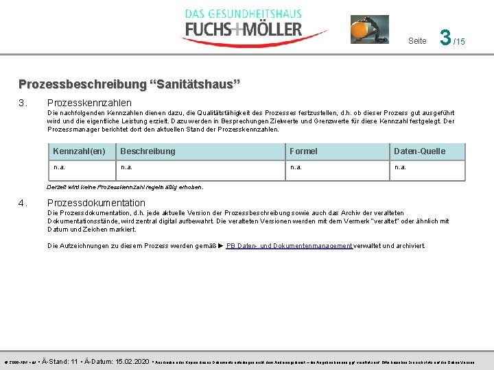 Seite 3 /15 Prozessbeschreibung “Sanitätshaus” 3. Prozesskennzahlen Die nachfolgenden Kennzahlen dienen dazu, die Qualitätsfähigkeit