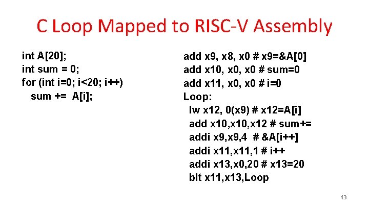 C Loop Mapped to RISC-V Assembly int A[20]; int sum = 0; for (int