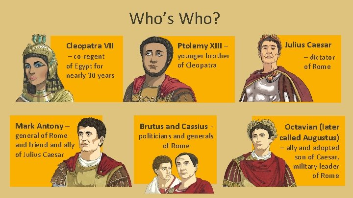 Who’s Who? Cleopatra VII – co-regent of Egypt for nearly 30 years Mark Antony
