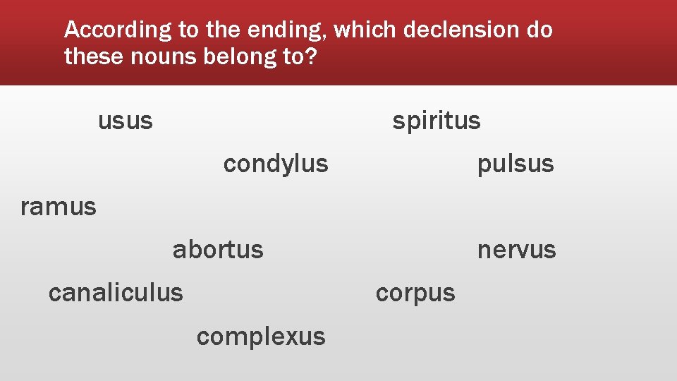 According to the ending, which declension do these nouns belong to? usus spiritus condylus