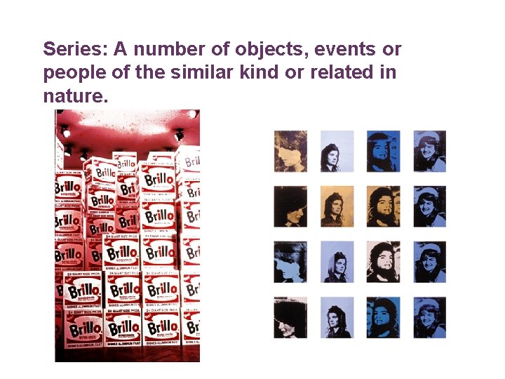 Series: A number of objects, events or people of the similar kind or related