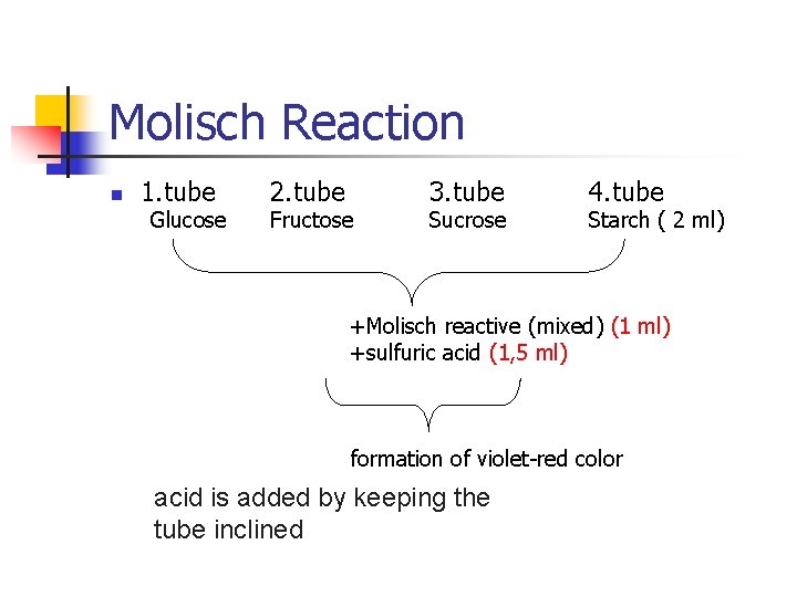 Molisch Reaction n 1. tube Glucose 2. tube Fructose 3. tube Sucrose 4. tube