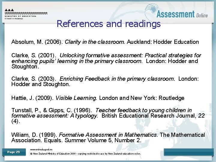 References and readings Absolum, M. (2006). Clarity in the classroom. Auckland: Hodder Education Clarke,