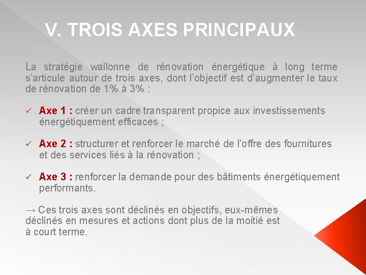 V. TROIS AXES PRINCIPAUX La stratégie wallonne de rénovation énergétique à long terme s’articule