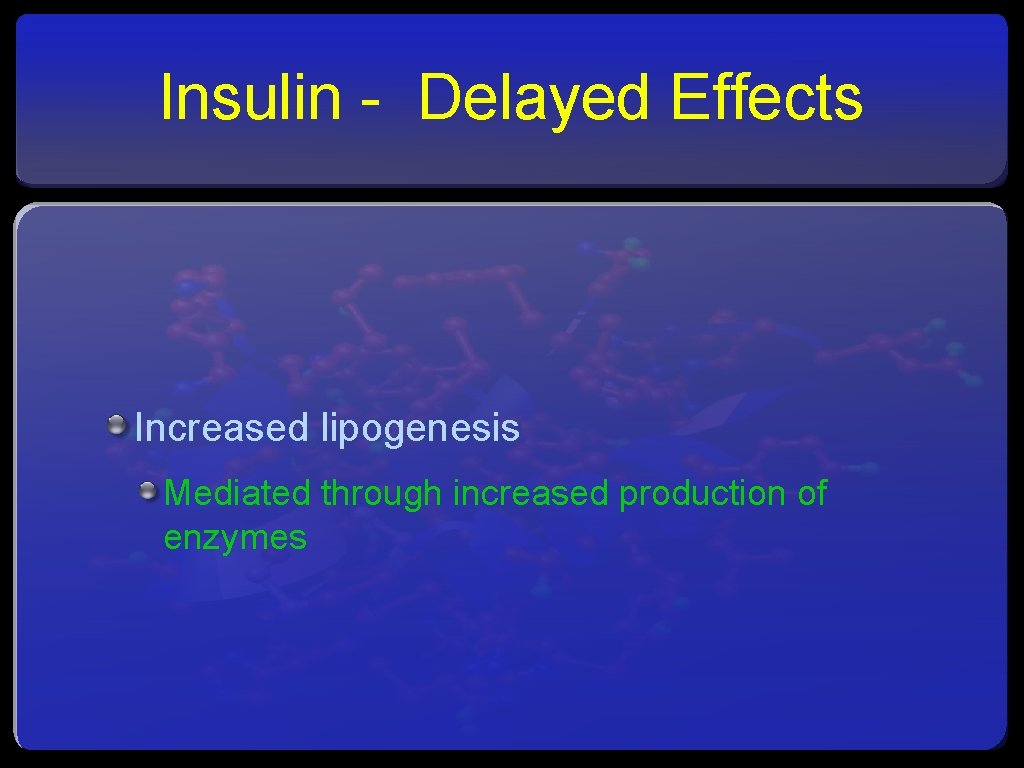 Insulin - Delayed Effects Increased lipogenesis Mediated through increased production of enzymes 