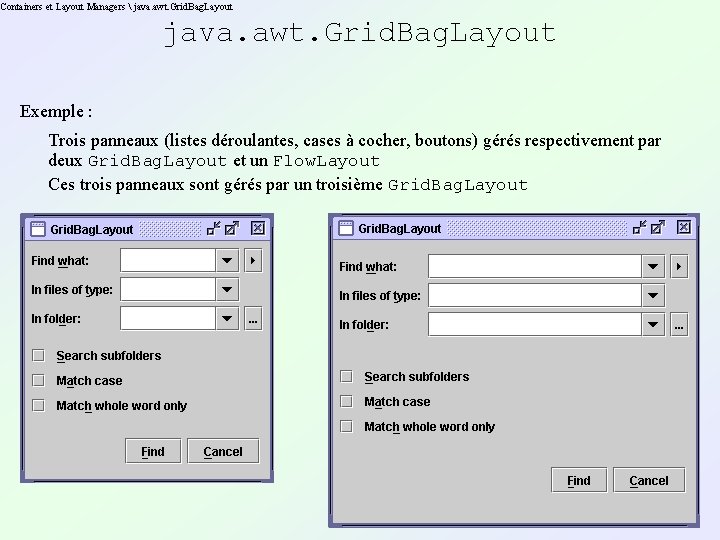 Containers et Layout Managers  java. awt. Grid. Bag. Layout Exemple : Trois panneaux