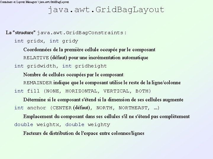 Containers et Layout Managers  java. awt. Grid. Bag. Layout La "structure" java. awt.
