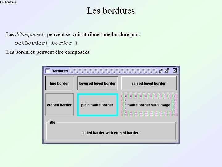 Les bordures Les JComponents peuvent se voir attribuer une bordure par : set. Border(