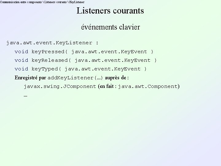 Communication entre composants  Listeners courants  Key. Listeners courants événements clavier java. awt.