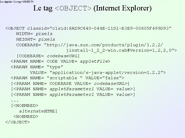 Les Applets  Le tag <OBJECT> (Internet Explorer) <OBJECT classid="clsid: 8 AD 9 C