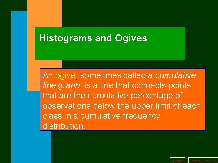 Histograms and Ogives An ogive, sometimes called a cumulative line graph, is a line