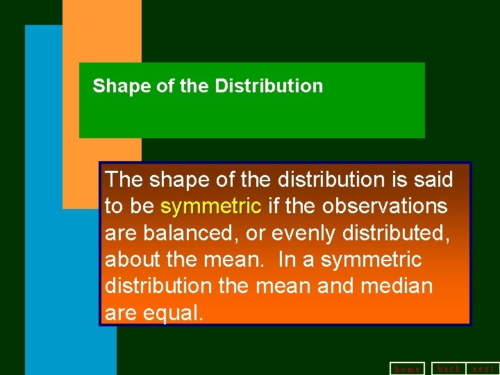 Shape of the Distribution The shape of the distribution is said to be symmetric Shape of the Distribution The shape of the distribution is said to be symmetric