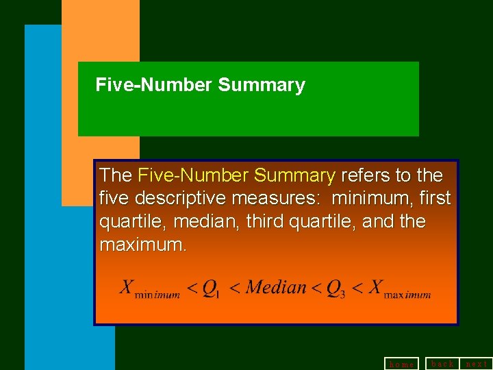 Five-Number Summary The Five-Number Summary refers to the five descriptive measures: minimum, first quartile,