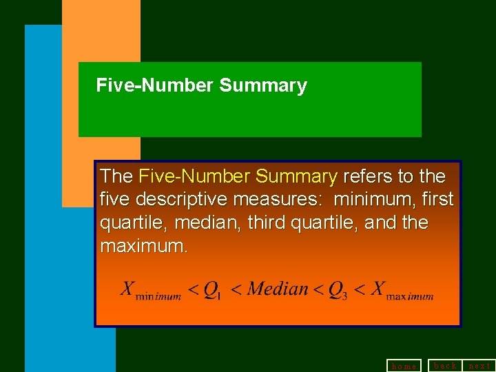 Five-Number Summary The Five-Number Summary refers to the five descriptive measures: minimum, first quartile, Five-Number Summary The Five-Number Summary refers to the five descriptive measures: minimum, first quartile,