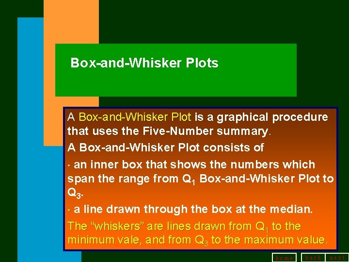 Box-and-Whisker Plots A Box-and-Whisker Plot is a graphical procedure that uses the Five-Number summary. Box-and-Whisker Plots A Box-and-Whisker Plot is a graphical procedure that uses the Five-Number summary.
